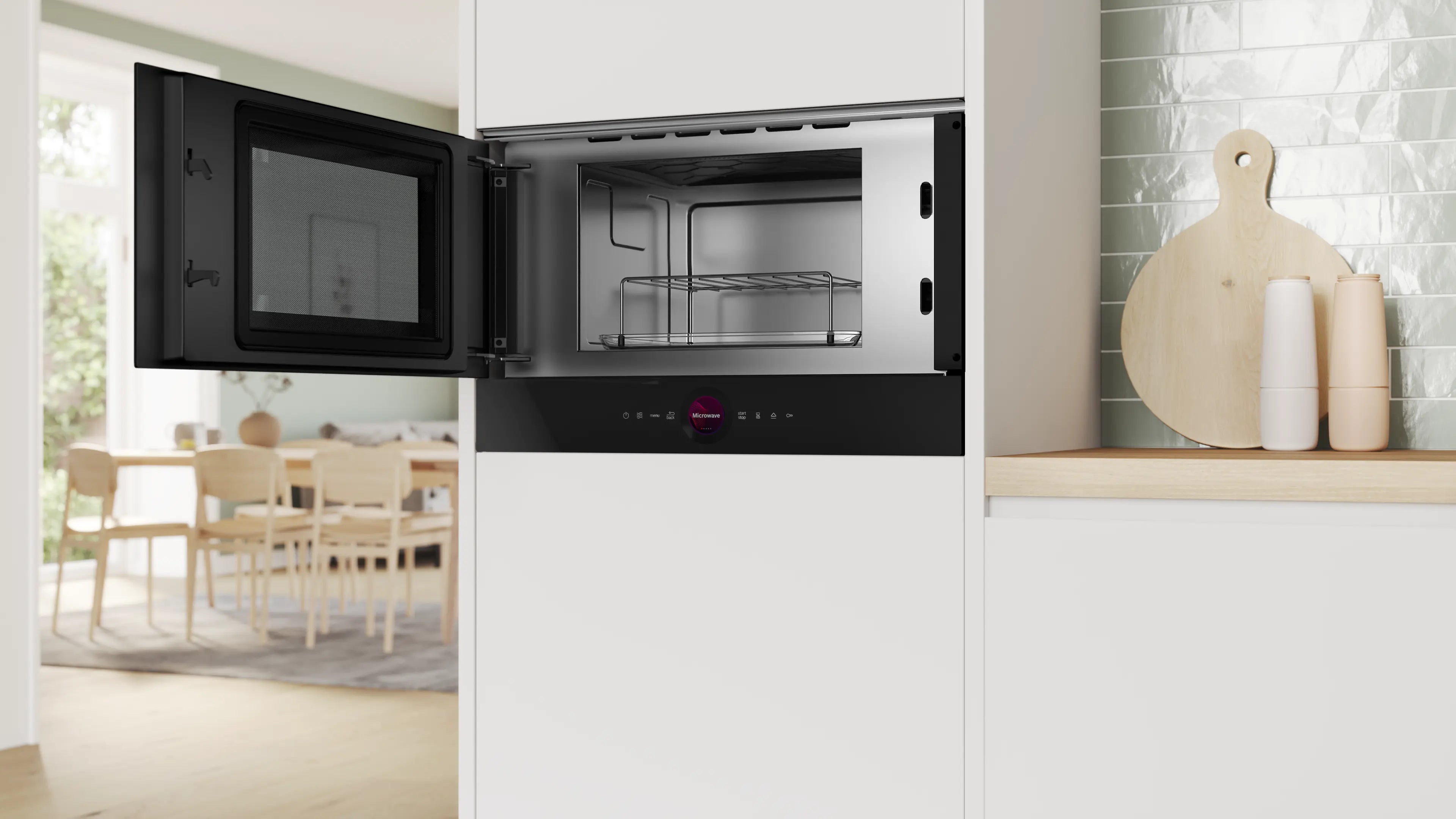 BOSCH - 60cm Microondas, Empotrable, 38cm de altura, Bisagra Izquierda, Control por Aro Digital y Display TFT, Serie 8, Negro